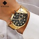 Relógio masculino WWOOR em aço inoxidável dourado.