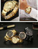 Relógio masculino WWOOR em aço inoxidável dourado.