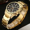 Relógio masculino WWOOR em aço inoxidável dourado.