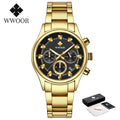 Relógio masculino WWOOR em aço inoxidável dourado.