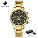 Relógio masculino WWOOR em aço inoxidável dourado.