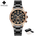 Relógio masculino WWOOR em aço inoxidável dourado.