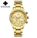 Relógio masculino WWOOR em aço inoxidável dourado.