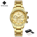 Relógio masculino WWOOR em aço inoxidável dourado.
