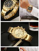 Relógio masculino WWOOR em aço inoxidável dourado.