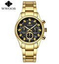 Relógio masculino WWOOR em aço inoxidável dourado.