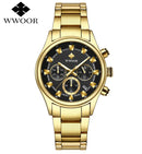 Relógio masculino WWOOR em aço inoxidável dourado.