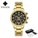 Relógio masculino WWOOR em aço inoxidável dourado.