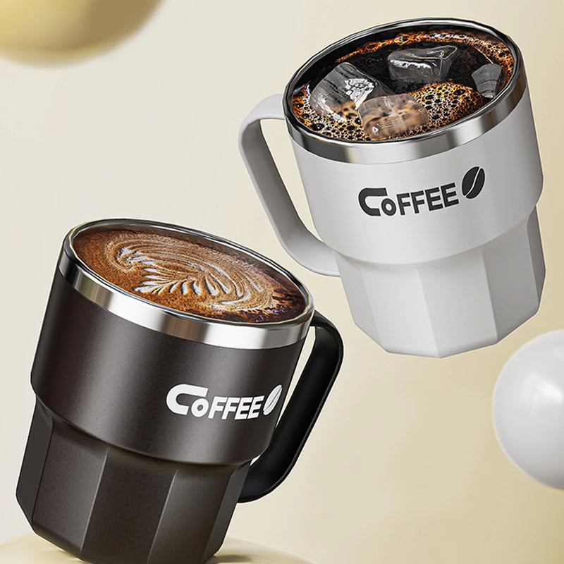Caneca de café com revestimento duplo inoxidável, tampa e alça.