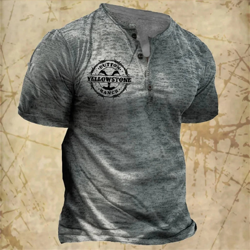 Camisa Henley com decote em V masculina, tops tribais estampados