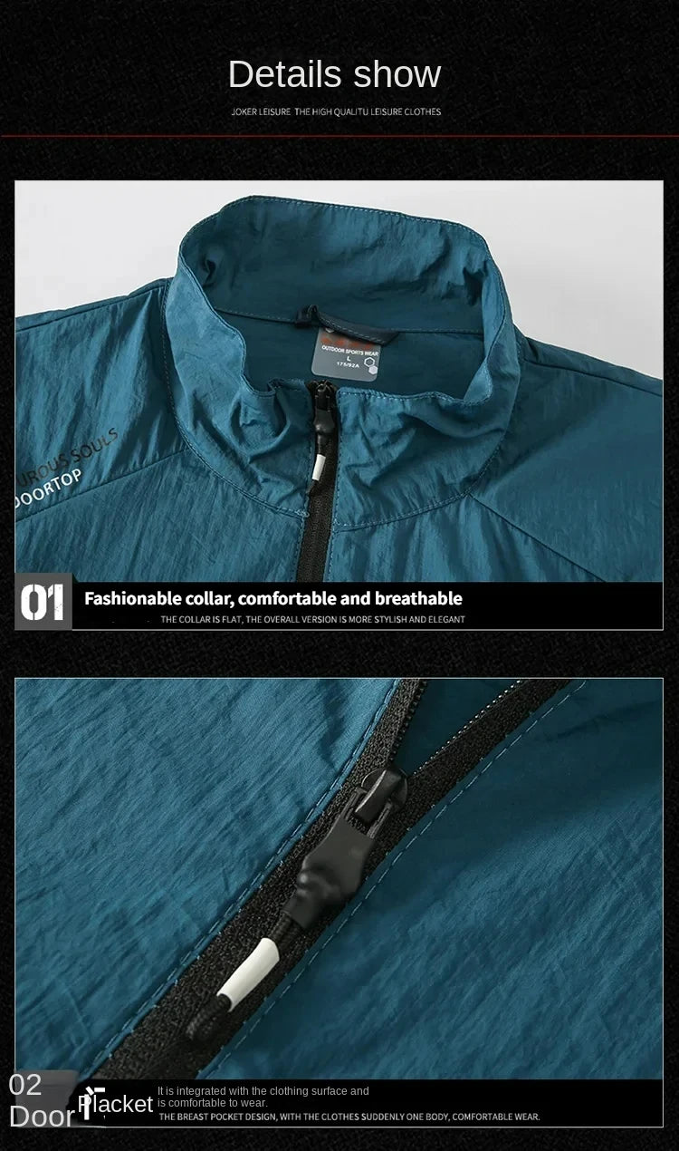 Jaqueta corta-vento masculina, proteção solar UV, respirável, ultraleve