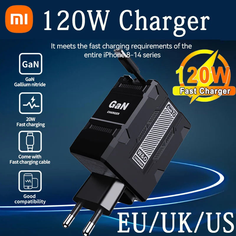 Carregador turbo Xiaomi 120W GaN, cabo retrátil, tipo C ,Compativel com   Iphone 16,  Ipad , Macbook