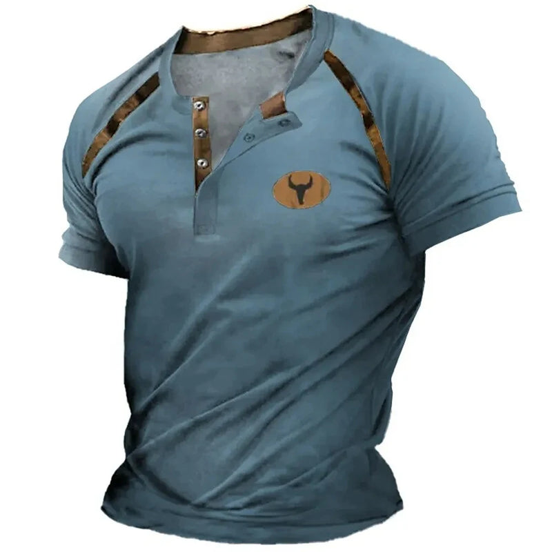 Camisa Henley com decote em V masculina, tops tribais estampados