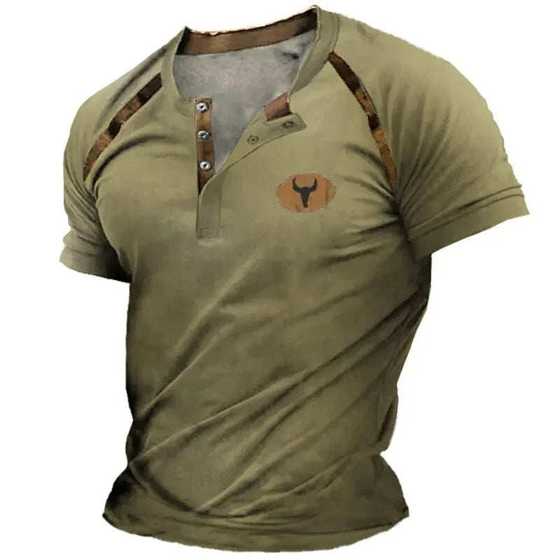 Camisa Henley com decote em V masculina, tops tribais estampados