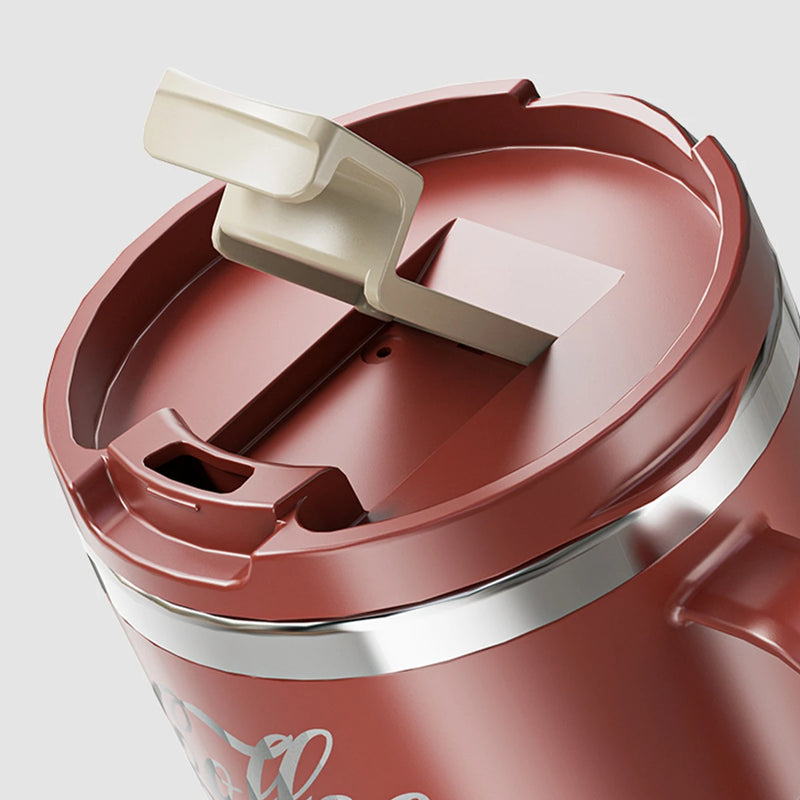 Caneca de café com revestimento duplo inoxidável, tampa e alça.