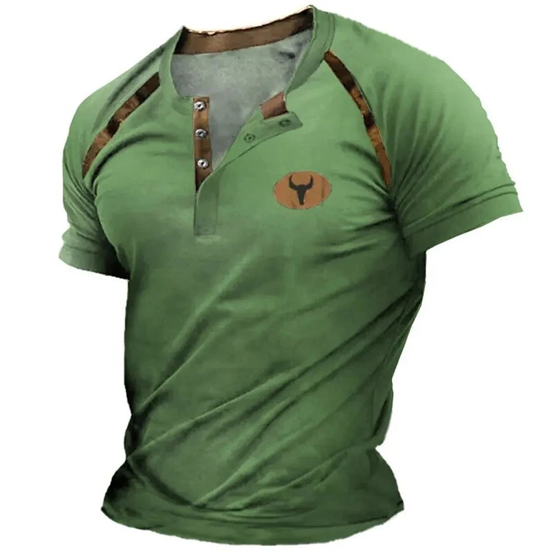 Camisa Henley com decote em V masculina, tops tribais estampados