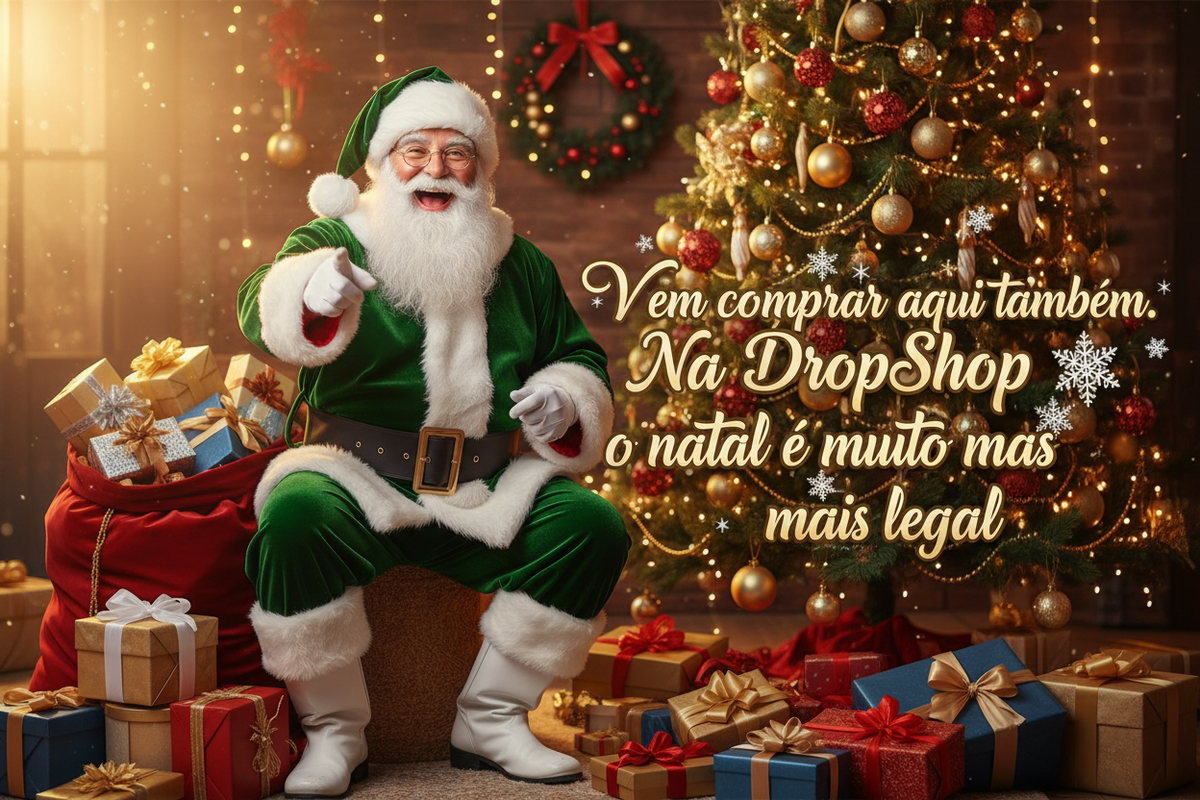 Papai noel em verde e branco distribuindo presentes e apontando para o cliente com os dizeres. Vem comprar aqui tambem. Na DropShop o natal é muito mais legal. Em dimensao 1920x761